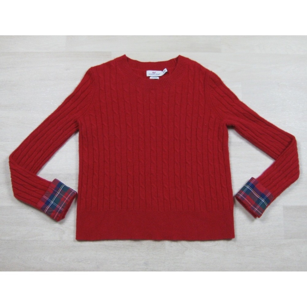 Vineyard Vines Coral Lane Cashmere Sweater Women's (M) Plaid Flip Cuff Preppy